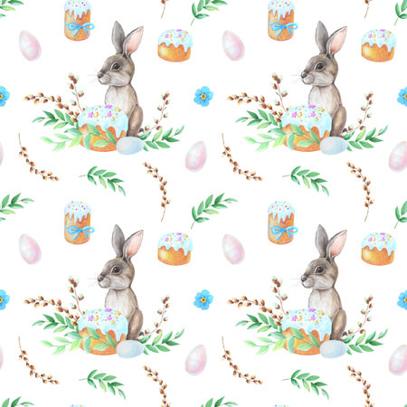 Watercolor gray Hare,Easter cake,leaves,egg,flower,willow tree,green twig on white...