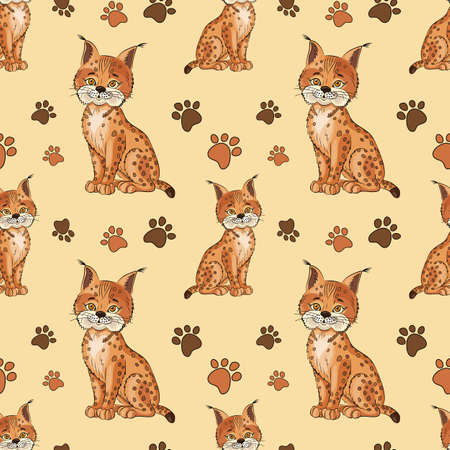 Bobcat,paw on soft beige background.Cute cartoon lynx character.Vector seamless pattern.Illustration with red wild animalのイラスト素材