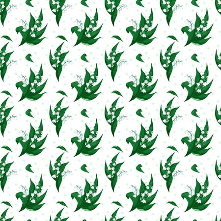 Lilly of the valley-May bells, Convallaria majalis with green leaves on a white background.Spring flowers.Seamless pattern.Hand drawn realistic vector illustration.Print for textile, fabric, wrapping.のイラスト素材