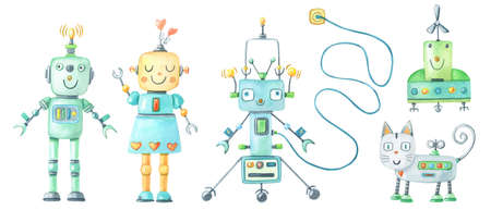 Watercolor robots set.Watercolour cat boy,girl with heart on white background. Cute cartoon character for baby.の写真素材