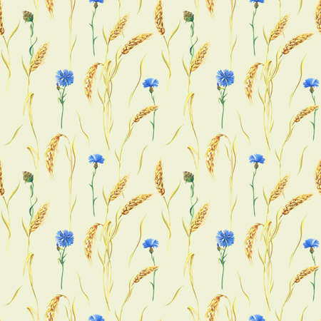 Blue cornflowers, wheat on beige.Watercolor floral seamless pattern. Watercolour Illustration with flowers for fabric,texileの写真素材