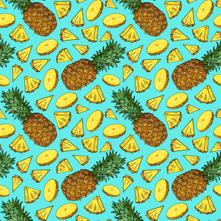 Pineapple with leaves,little chunks. Seamless pattern with piece of tropical fruits