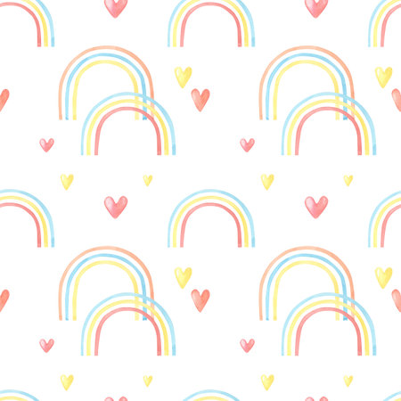 Watercolor rainbow on white background.Seamless pattern with hearts.Watercolour illustrationの写真素材