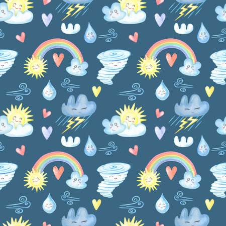 Watercolor seamless pattern of the weather for kids.Cute rainbow, cloudの写真素材