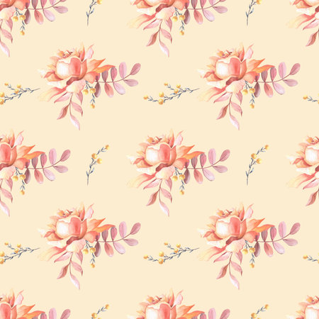 Watercolor pink roses, leaves and red berry. Flowers on a beige background.の写真素材