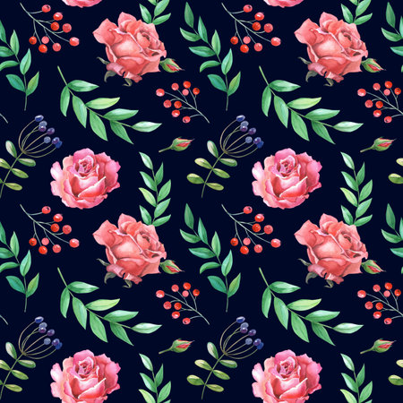 Watercolor Pink,red roses. Illustration with flowers on a black background. Seamless pattern.の写真素材