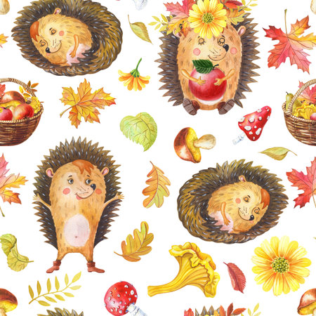 Watercolour seamless pattern with animals and flowers.Cute watercolor cartoon hedgehogの写真素材