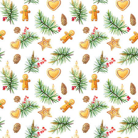 Watercolor Christmas seamless pattern with gingerbread,heart,candle,spruce branchの写真素材
