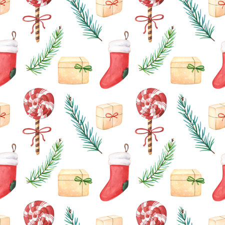 Watercolor Christmas red socks,gift boxes,bow, green pine branches on white background.