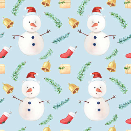 Watercolor Christmas snowman, red socks, gift box,bow, bell, green pine branches on blueの写真素材