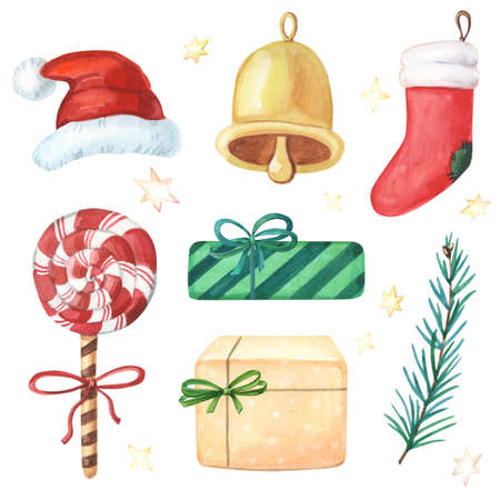 Watercolour christmas set with red hat, sock, lollipop,green christmas tree,yellow bell and gift boxes.の写真素材
