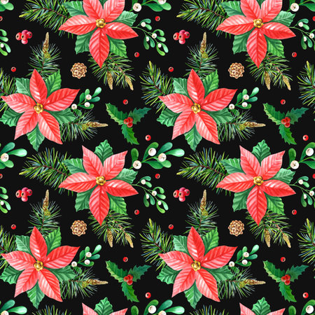 Christmas watercolor seamless pattern.Red poinsettia flowers,Holly, leaves,berries,pine,spruceの写真素材