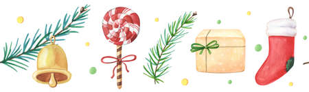 Watercolor New Year seamless border with cute Chistmas elements.の写真素材