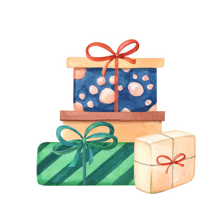 Watercolor card with colorful gift boxes with bow . Bright watercolour Holidayの写真素材