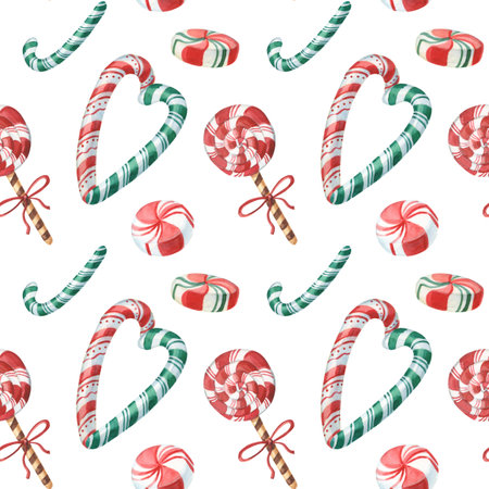 Watercolor heart of red and green striped candy sticks. Seamless pattern on white background.
