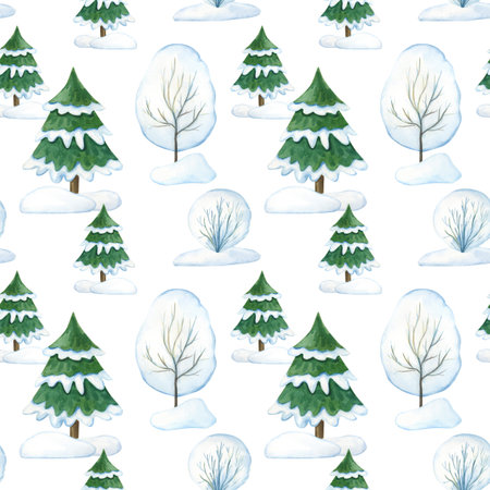Watercolor Winter seamless pattern with fir tree, snow, snowbank.の写真素材