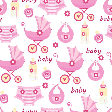 Seamless pattern first things a newborn baby on a white background. The stroller, bottle of milk, pacifier, bib, diaper. Vector illustration for a girl. Design elements in pink color for scrapbooking, kids website.のイラスト素材