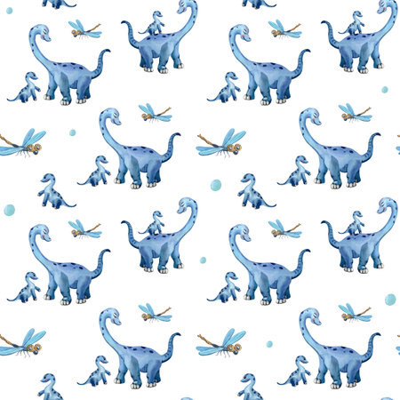 Watercolor dinosaur mom, baby and dragonfly. Cute blue diplodocus izolated on a white backgroundの写真素材
