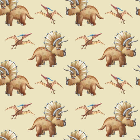 Watercolor brown dinosaurus. Seamless pattern. Cute triceratops, pterodactylの写真素材