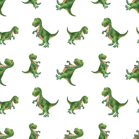 Watercolor green dinosaur. Cute tyrannosaurus on a white background. Watercolor illustrationの写真素材