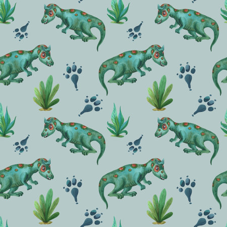 Watercolor green dinosaur. Cute gasosaurus with leaves of grass on a gray background.の写真素材