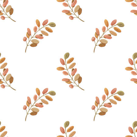 Watercolor twig with brown leaves on white background. Floral illustration. Watercolorの写真素材