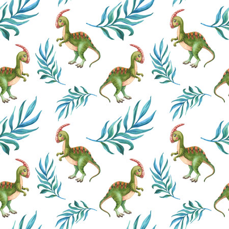 Watercolor green dinosaur, twig with green leaves. Cute parasaurolophusの写真素材