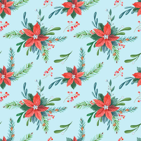 Christmas watercolor seamless pattern.Red poinsettia flowers,Holly, leaves,berries,pine,spruceの写真素材