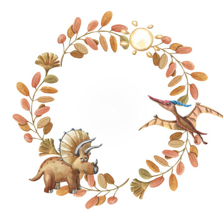 Watercolor dino wreath. Brown dinosaur with plants. Floral frame with cute triceratopsの写真素材