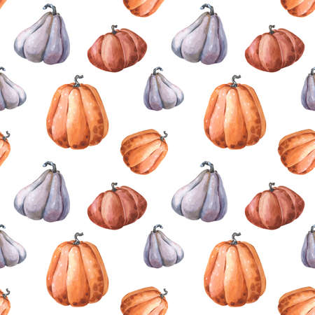Watercolour pumpkin on white background. Autumn seamless pattern. Watercolorの写真素材