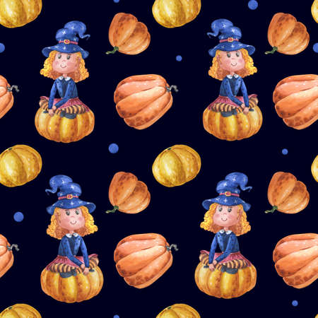 Watercolor witch sitting on pumpkin. Illustration for Halloween holiday.の写真素材