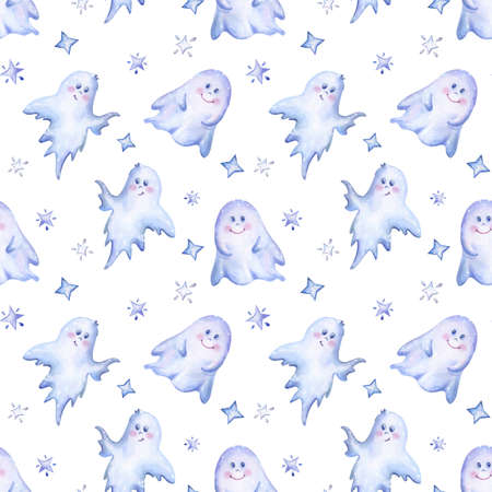 Watercolor ghosts seamless pattern. Cute Halloween illustration on white backgroundの写真素材