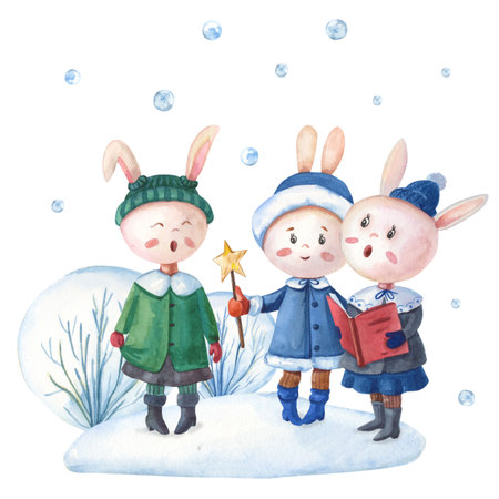 Bunny is singing in Winter. Watercolor Christmas greeting card with Hareの写真素材
