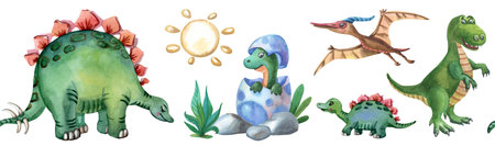 Watercolor dino border. Dinosaur baby in egg. Stegosaurus, tyrannosaurus,の写真素材