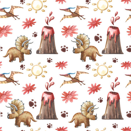 Watercolor brown dinosaur, volcanic, sun and flowers. Seamless patternの写真素材