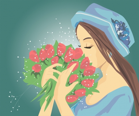 Girl holds a bunch of flowersのイラスト素材