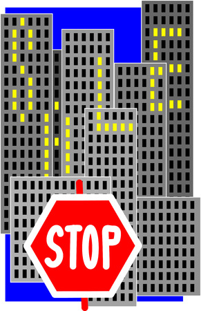 stop sign, sale of apartments, a symbol of the sale, selling a home, many high-rise, high-rise district, a great city, lots of windows, the sign for sale, yellow light, burn windowsのイラスト素材