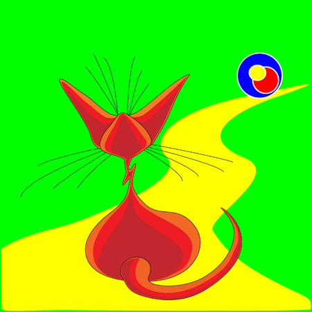 cat sitting, sphinx purebred, pet, looks at the ball, watching the ball, the yellow trail, the road runs, a cat red, green grass, the ball color, long whiskers and tail, big earsのイラスト素材
