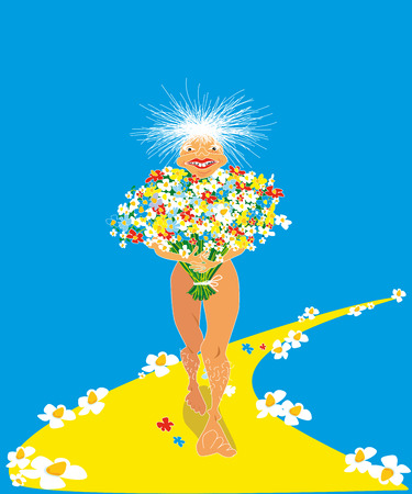 bouquet of flowers, great gift, walking on the road, make a proposal, a person with field daisies, a declaration of love, romantic act, is love, motley bunch, brought a cheerful, happy man isのイラスト素材