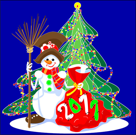 2011 stitched bag with gifts, snowman stood there with his broom, colorful garland, Christmas comes, the new year, winter holiday, decorated Christmas tree, sewn figuresのイラスト素材