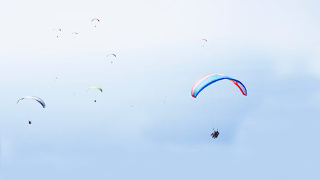Paragliding in Oludeniz. Amazing views from Mount Babadag 1700 m. Turkey, Oludenizの写真素材