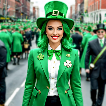 Young girl in green jacket with green hair and hat against background of people celebrating St. Patrick's Day on city streets.の素材