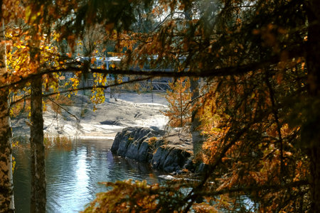 Karelia, Beautiful autumn landscape, relaxing on the lakes.の写真素材
