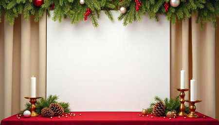 Festively decorated Christmas table with red tablecloth, three white candles in gold candlesticks, Top decorated with green branches and blank space for text.の写真素材