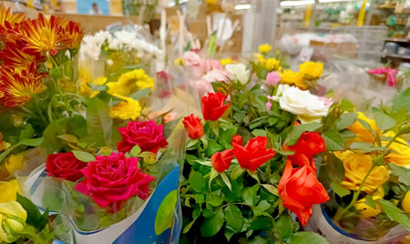 Fresh flower bouquets in vivid colors including roses and chrysanthemums displayed in a store,..の写真素材