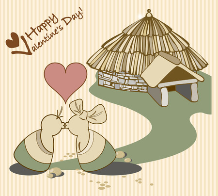 stylized pair of lovers kissing on the background of his homeのイラスト素材