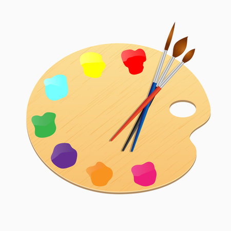 Realistic 3d wooden art palette with paints and brush isolated on white background. Vector illustration of drawing toolsのイラスト素材