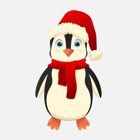 Cute cartoon penguin wearing Santa Clause hat and scarf. Icon for celebration Merry Christmas and New Year. Vector illustration isolated on white background.のイラスト素材