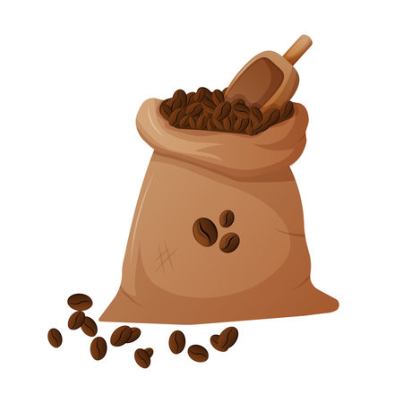 Coffee beans in a bag. Burlap sack filled with roasted coffee beans, with a wooden scoop resting inside. Vector illustration isolated on white background. Rustic coffee bag for cafe branding design.のイラスト素材
