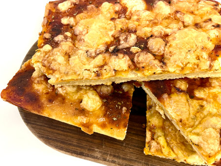 Pieces of cheese pizza with a baked ruddy crustの写真素材